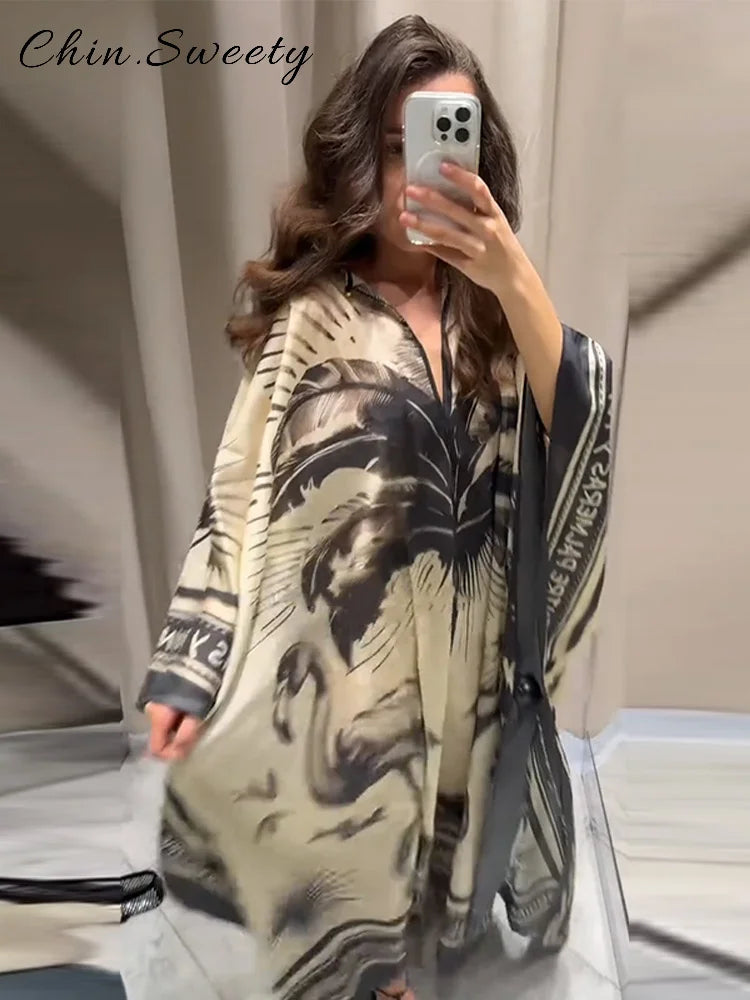 Lose Druck Gefaltete Lange Kleider Frauen Elegante Oansatz Volle Hülse Weibliche Urlaub Kleider 2025, Sommer Dame Dubai Mode Roben