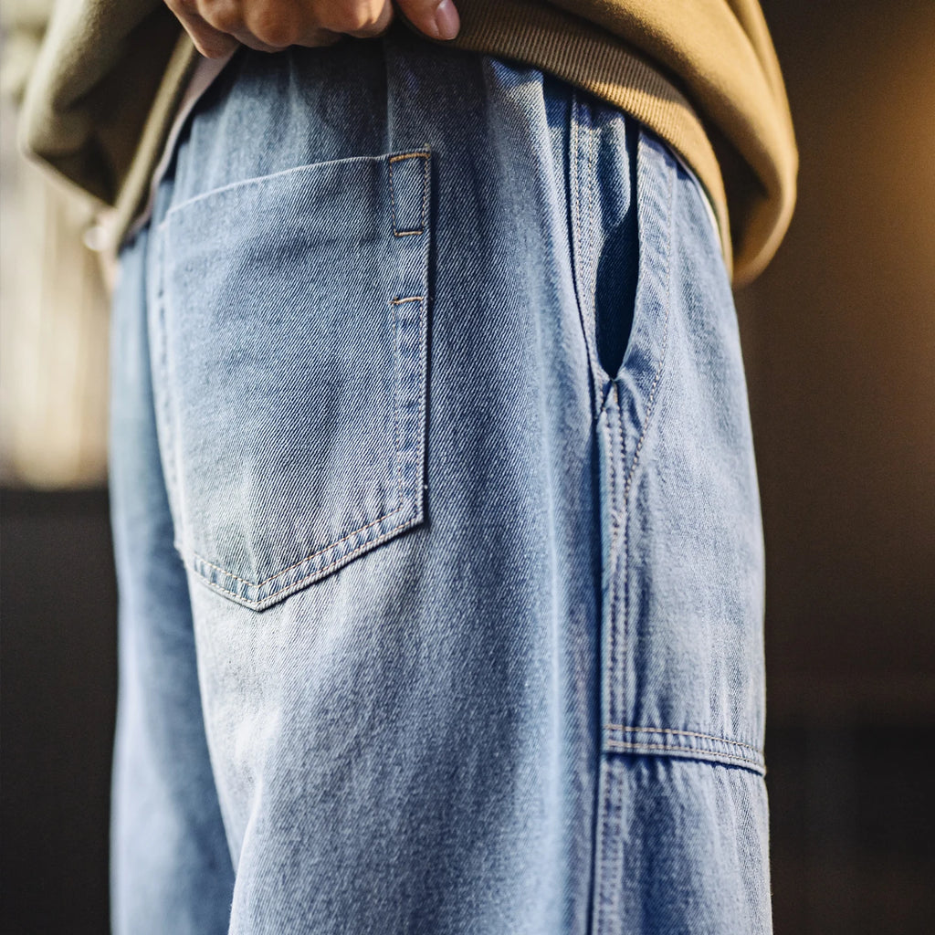 Maden Herren-Jeans aus gewaschenem Denim, weites Bein, gerade geschnitten, elastischer Bund mit Kordelzug, lockere Passform, Freizeithose für Frühling und Herbst