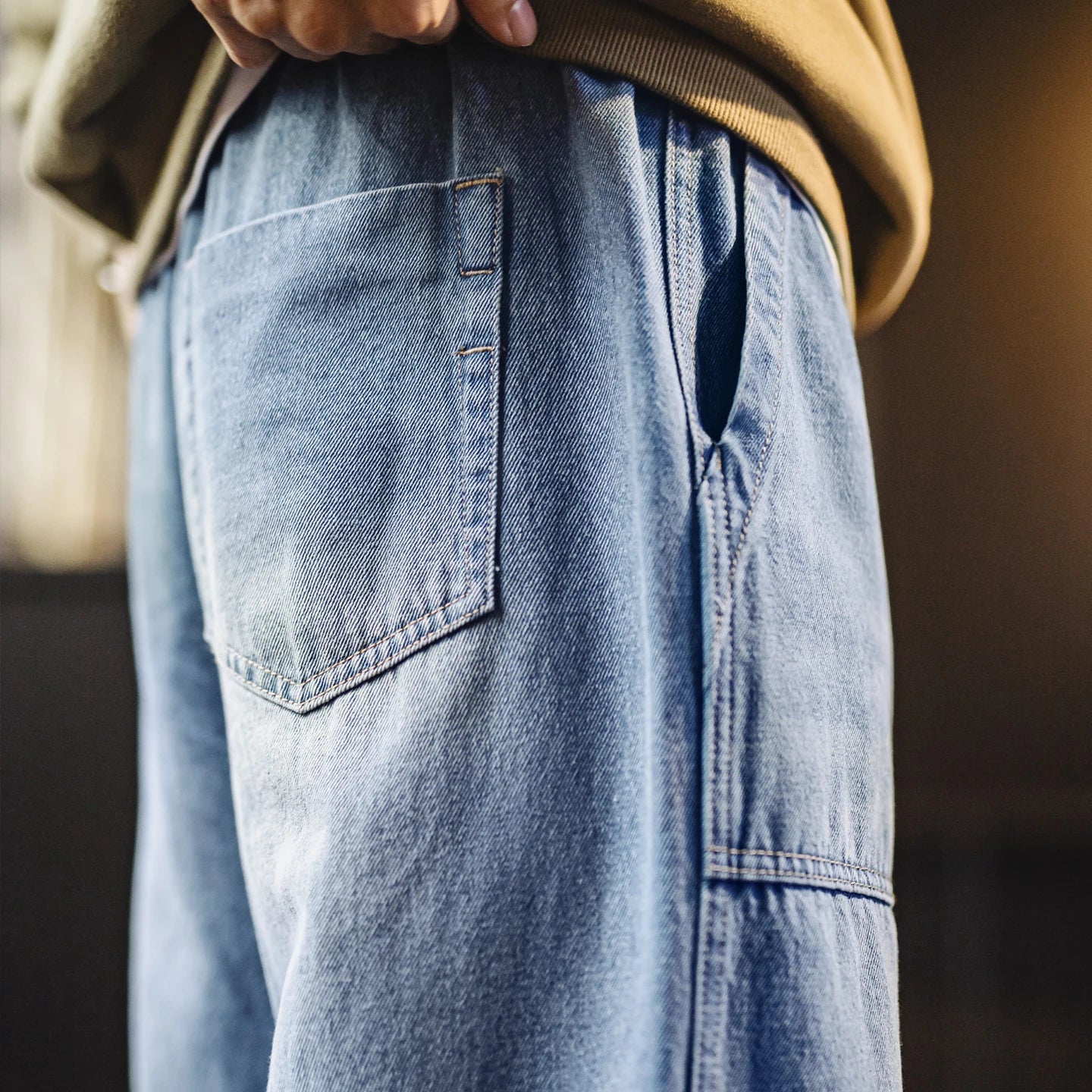 Maden Herren-Jeans aus gewaschenem Denim, weites Bein, gerade geschnitten, elastischer Bund mit Kordelzug, lockere Passform, Freizeithose für Frühling und Herbst