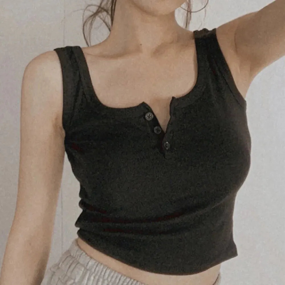 Tank-Top für Damen, gerippt, mit Knopfleiste, ärmellose Bluse, einfarbig, lässig, für Damen und Teenager, trendige Basic-Sommerkleider