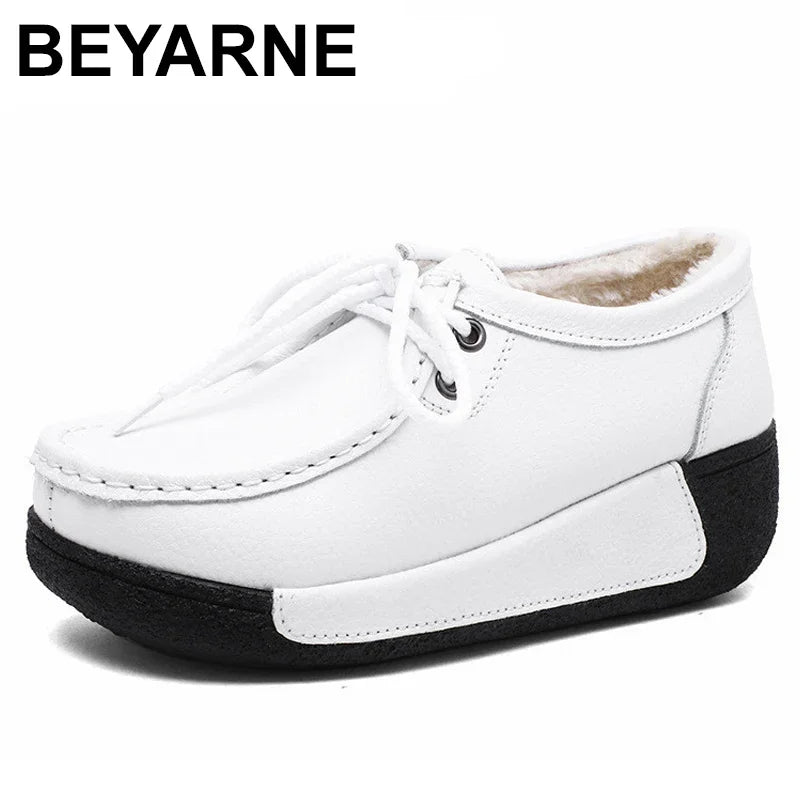 Winter Schuhe Aus Echtem Leder Frauen Flache Plattform Schuhe Casual Frauen Müßiggänger Plüsch Frauen Slip-on Sneakers für Frauen