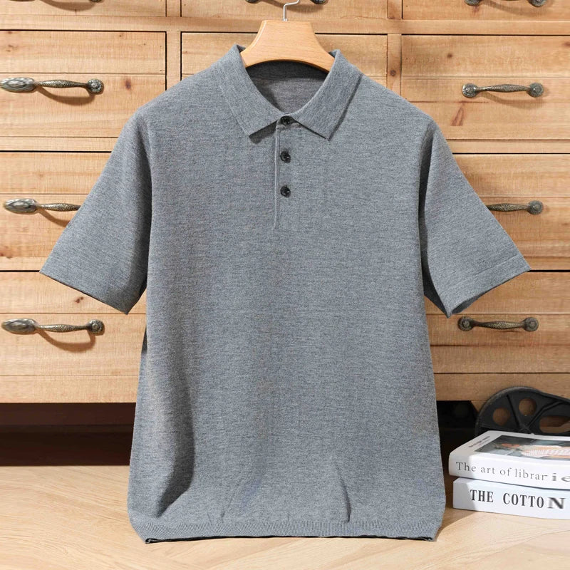 Sommer 100 % Merinowolle Herren Reverspullover Kurzarm POLO-Ausschnitt Pullover lockeres Top Business Casual Strick-T-Shirt