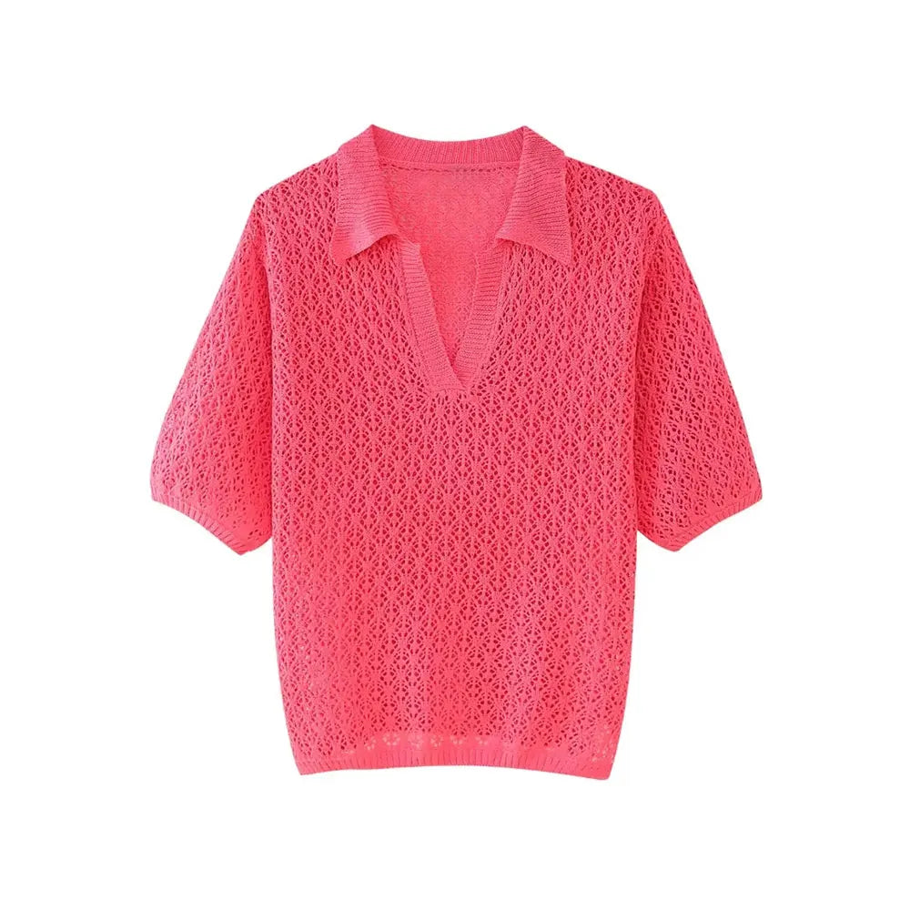 Frauen Mode Pointelle Stricken Lose Pullover Polo Kragen Kurzarm Weibliche Pullover Chic Tops