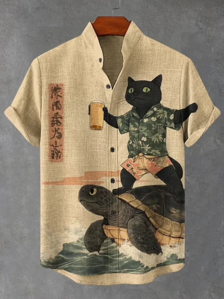 Herren-Retro-Katzenhemd mit lustigem Kalligrafie-Dinosaurier-Vulkaneruption-Print, kurzärmelig, Urlaubsmode, Vintage japanische Kleidung