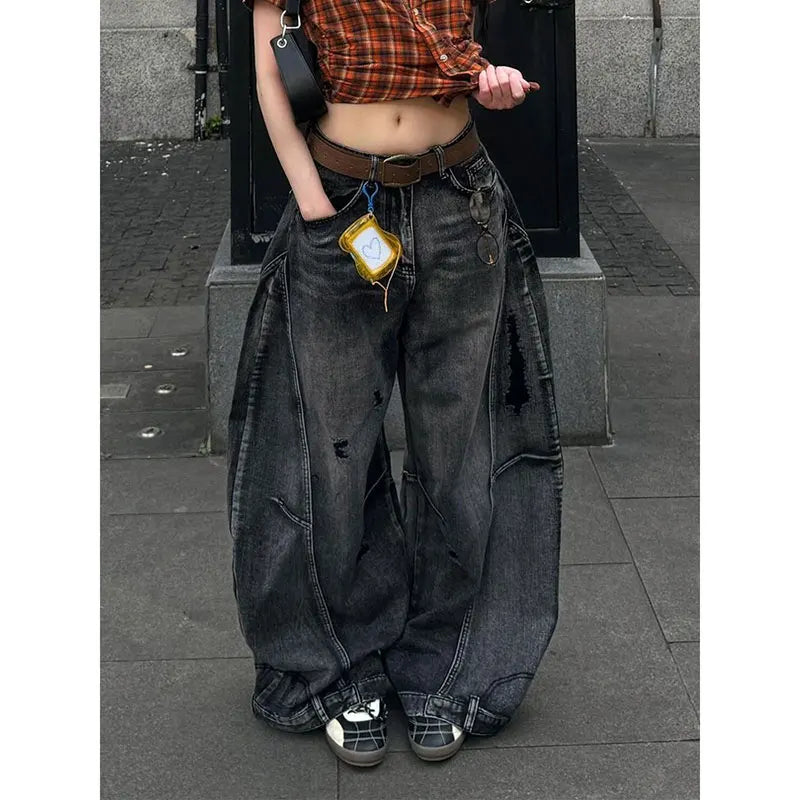 Schwarze Jeans für Damen, Vintage-Stil, hohe Taille, Cargo-Jeans, gerade, 2022, Sommer, lässig, locker, große Größe, weites Bein, Denim, Baggy-Hose, Y2K