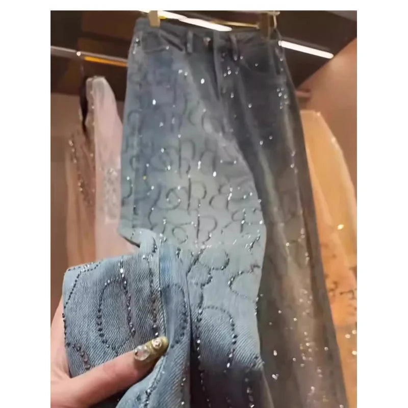 Jeans Frauen Denim Breite Bein Hosen Diamanten Hohe Taille Taschen Bodenlangen Distressed Gewaschen Gerade Hosen Streetwear