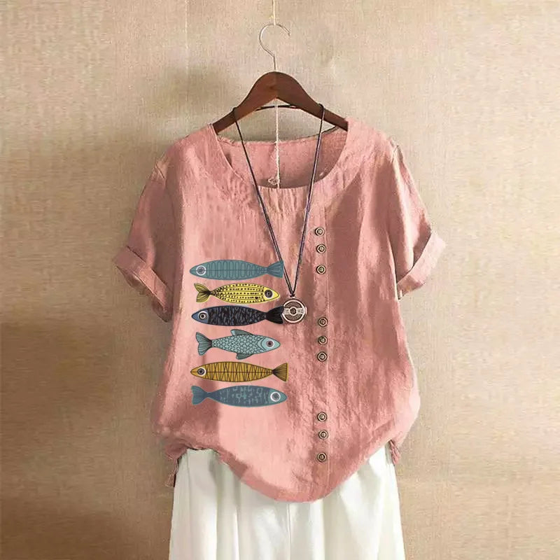 Angebot Frauen Baumwolle Leinen Bluse Shirts Sommer Oansatz Kurzarm Vintage Floral Print Lose Tops WYLP-AL 620409060860