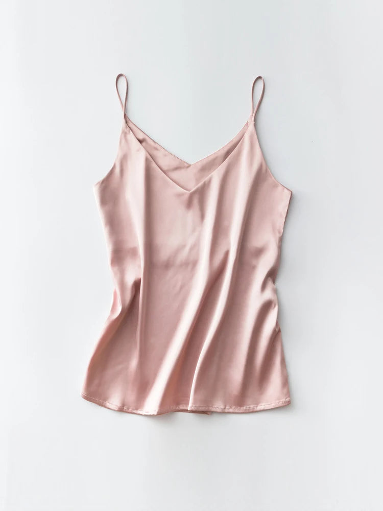 Spaghettiträger-Top für Damen, Neckholder, V-Ausschnitt, Basic, weiß, Cami, ärmellos, Satin-Seiden-Tanktops, Damen-Sommer-Unterhemd