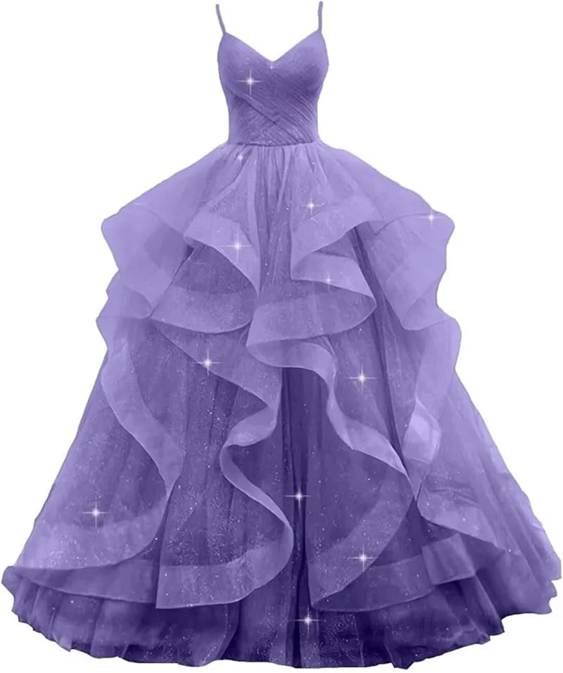 Maßgeschneiderte glitzernde Tüll-Abschlussballkleider, Spaghettiträger, Ballkleider für Frauen, bauschiges, abgestuftes, formelles Abend- und Partykleid