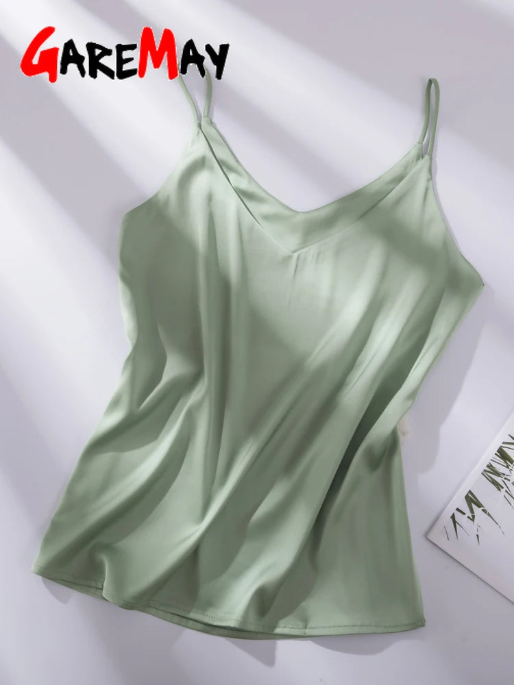 Spaghettiträger-Top für Damen, Neckholder, V-Ausschnitt, Basic, weiß, Cami, ärmellos, Satin-Seiden-Tanktops, Damen-Sommer-Unterhemd