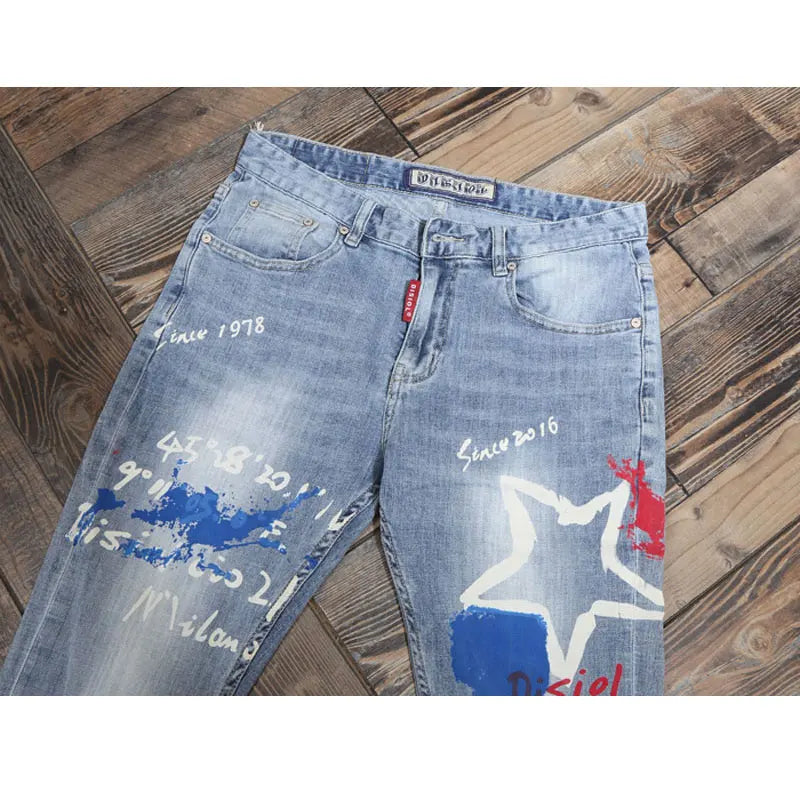 Designer-Mode,Herren-Jeans, mit Buchstaben bedruckt, gewaschen, nostalgisch, Stretch, schmale Passform, Retro, hellblaue Jeans, Hip-Hop-Marke, hohe Qualität