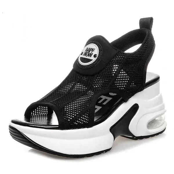 Retro schwarz Mesh Plattform Sandalen koreanische Peep Toe Hohl keile erhöhen Schuhe 8cm Sommer neue rutsch feste Luftkissen Tennis schuhe