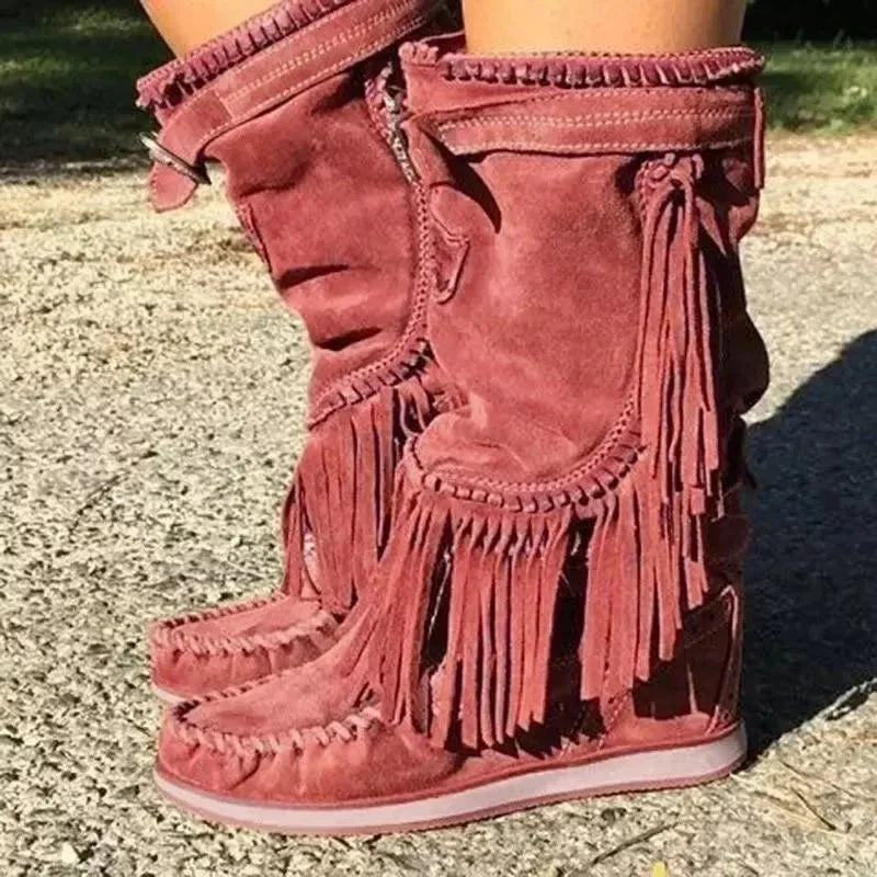 Piraten Stiefel Frau Plissee Quaste Mid-kalb Stiefel Frauen Nähen Schuhe Schnalle Leder High Heels Schuhe Weibliche Plus Größe Zip