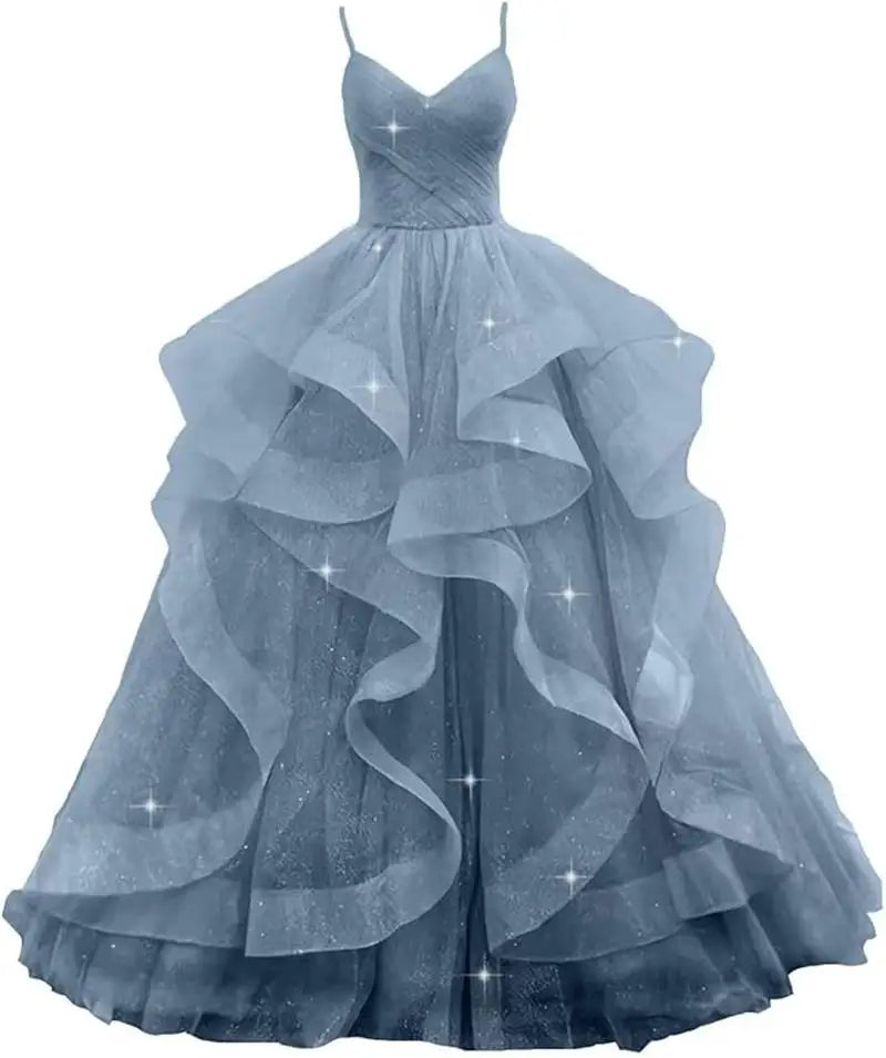 Maßgeschneiderte glitzernde Tüll-Abschlussballkleider, Spaghettiträger, Ballkleider für Frauen, bauschiges, abgestuftes, formelles Abend- und Partykleid