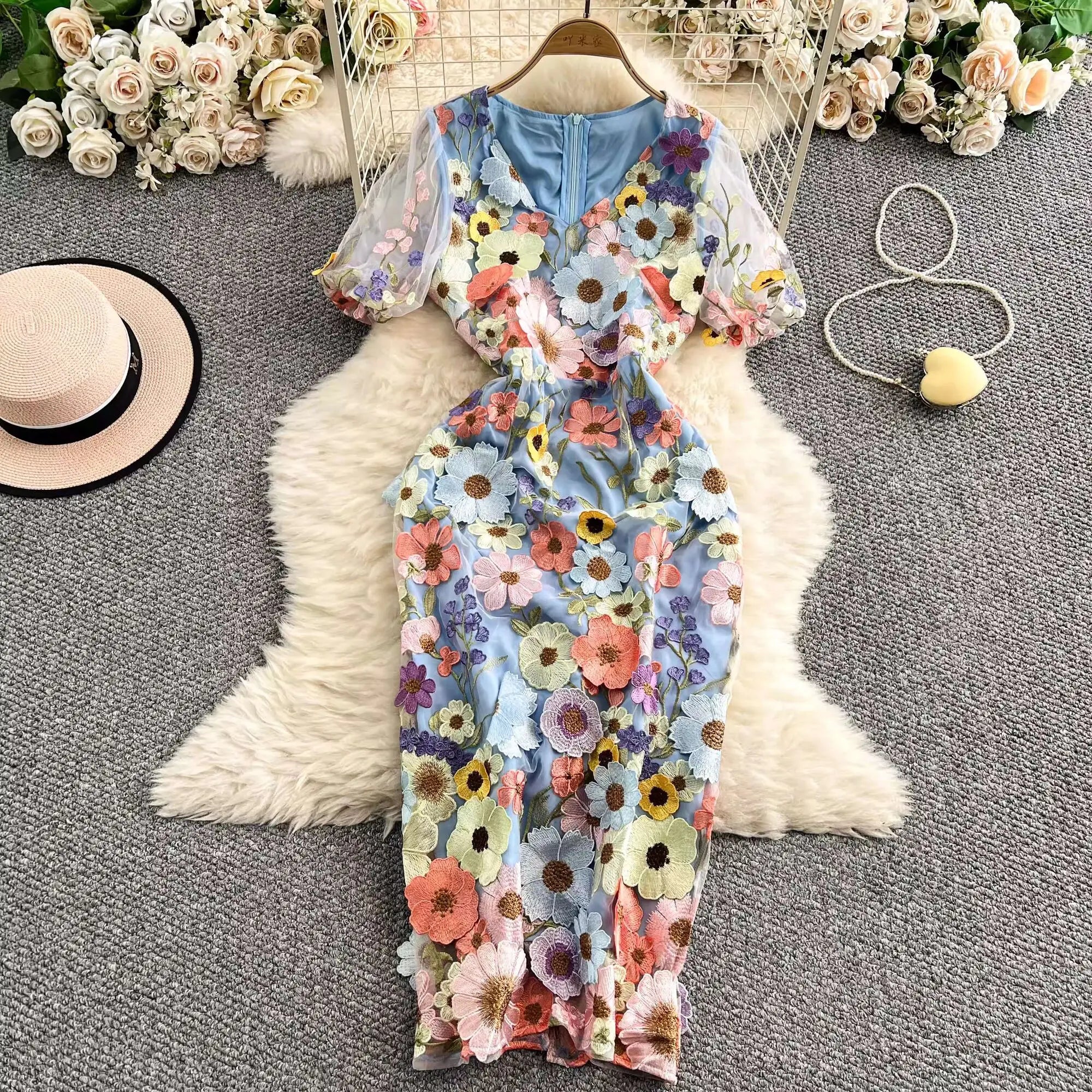 Sommer Luxus Midi Lange Kleider Party Elegante 3D Blume Stickerei Kurzarm Bleistift Tüll Prom Formale Kleid Frauen