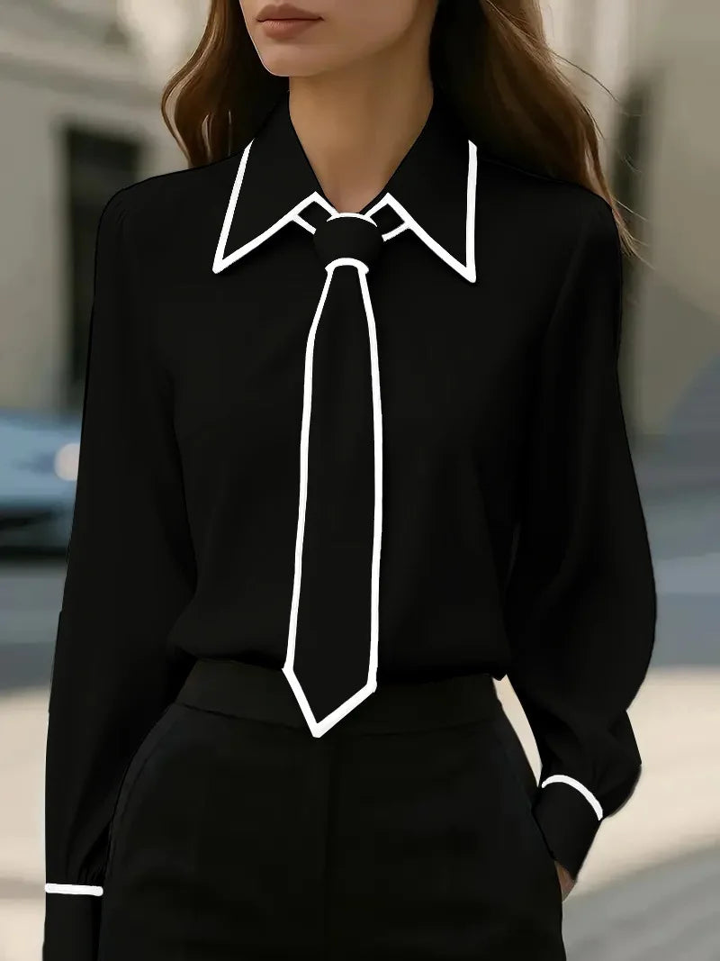 Damenbluse, modisches Hemd, formelle Fliege, langärmelig, kontrastierender Besatz, Oberteile, schmal geschnittene Arbeitskleidung, elegante Büro-Damenhemden für Damen