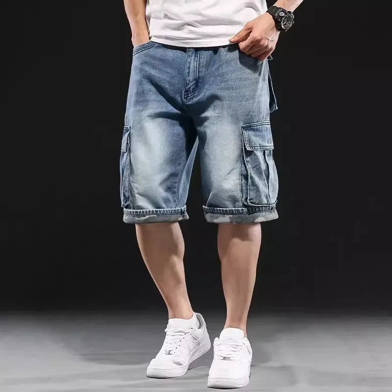 Herren Jeans shorts mit weitem Bein Multi-Pocket 7-Punkt-Arbeit Cargo Jeans Shorts Fett plus Größe Denim Shorts männlich