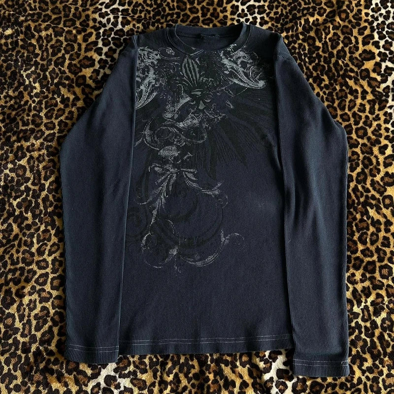 Grunge Cyber Mall Goth Thermo T-Shirt Totenköpfe Grafikdruck Langarm Pullover Tops Damen 90er Jahre Vintage Ästhetische T-Shirts