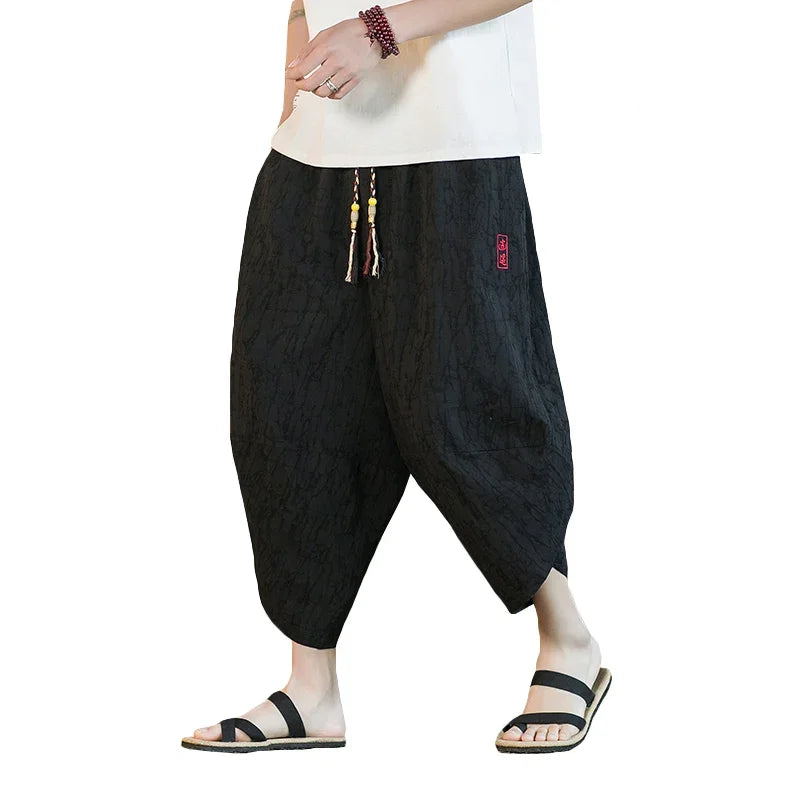 Japanischer Kimono, traditionelle Shorts, asiatische Kleidungshose für Herren, japanische Samurai, lässige, lockere Yukata-Leinen-Hose mit weitem Bein für Herren