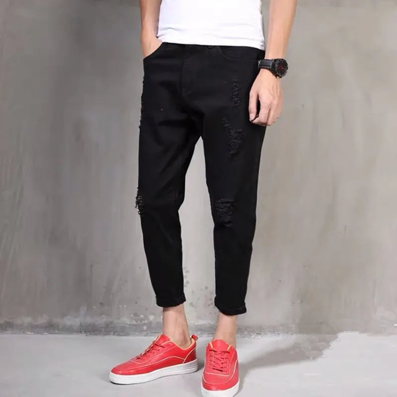 Weiße zerrissene Jeans für Herren, Harem, Jungen, Denim, Distressed, schwarze Hose, Frühling, Sommer, männlich, zerkratzt, Übergröße 40, 42, große Cowboy-Hose