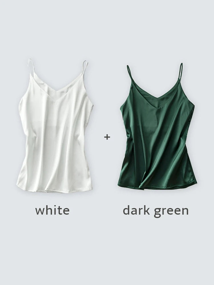 Spaghettiträger-Top für Damen, Neckholder, V-Ausschnitt, Basic, weiß, Cami, ärmellos, Satin-Seiden-Tanktops, Damen-Sommer-Unterhemd