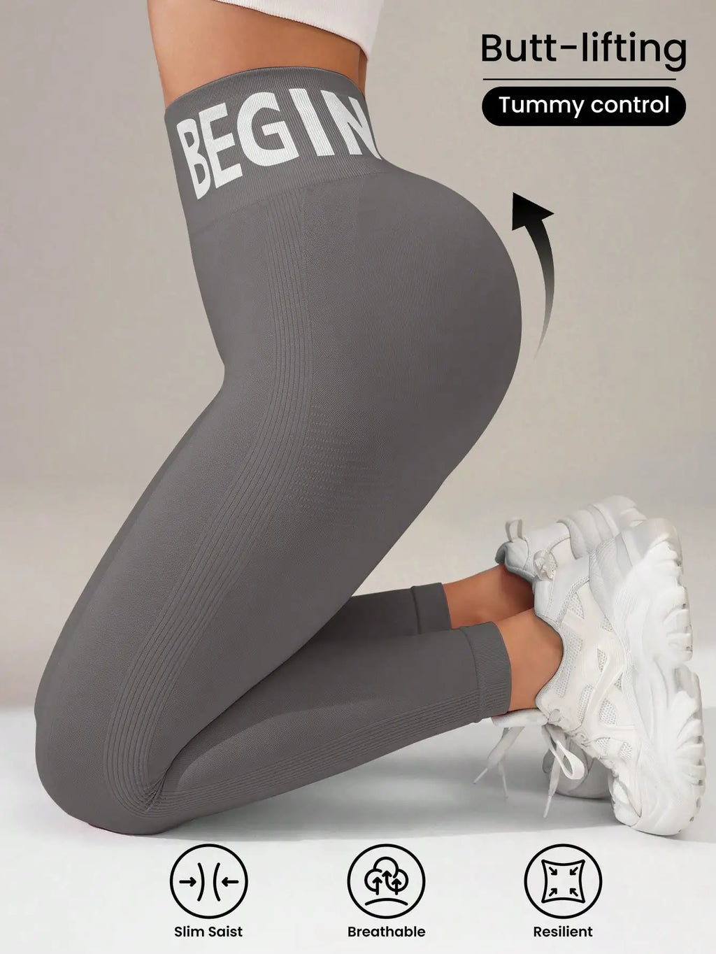 Europäische und amerikanische nahtlose Yoga-Leggings mit Bundbeschriftung, Po-Lifting, schnell trocknende, atmungsaktive Damenstrumpfhose für Erbse