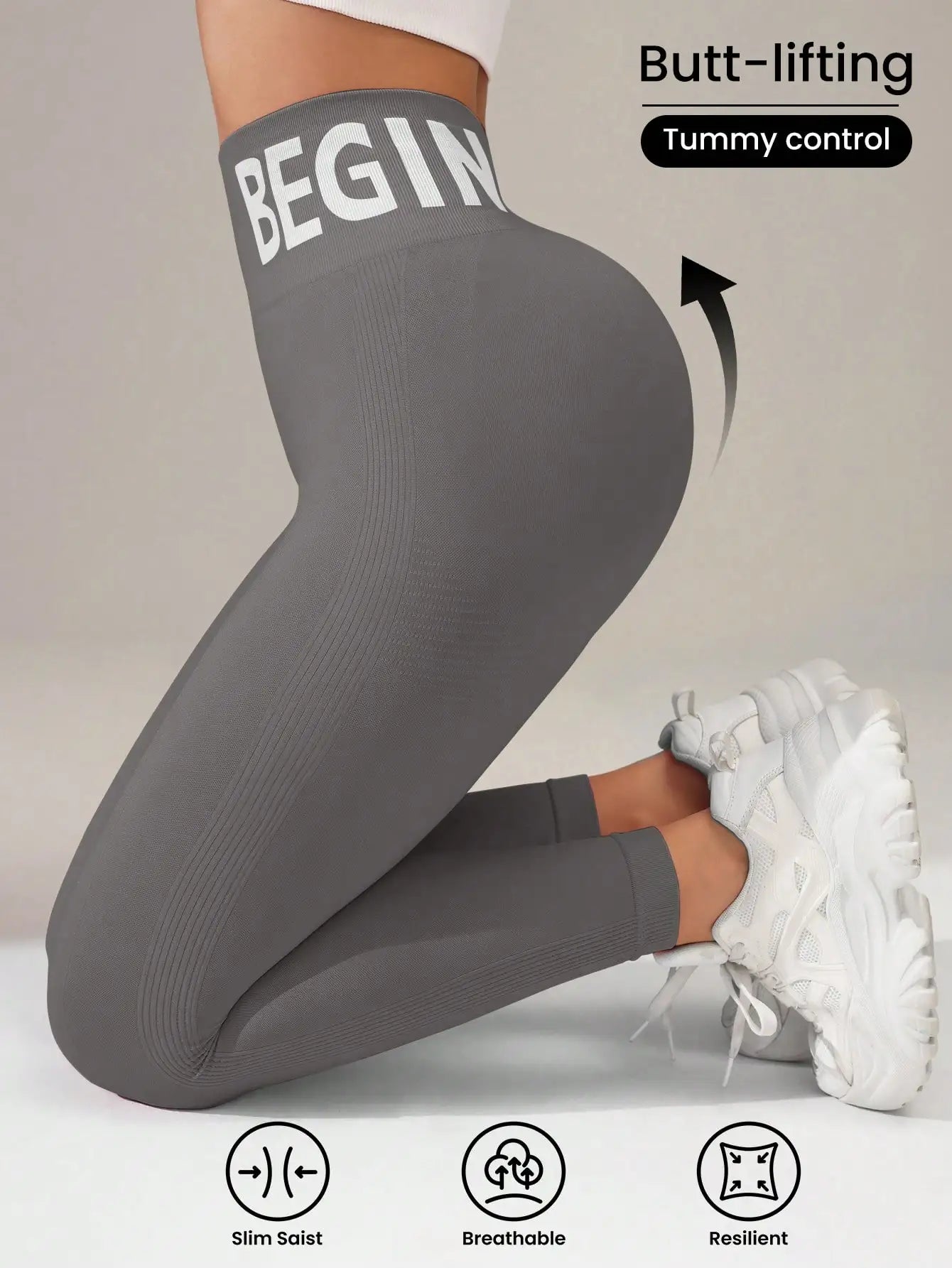 Europäische und amerikanische nahtlose Yoga-Leggings mit Bundbeschriftung, Po-Lifting, schnell trocknende, atmungsaktive Damenstrumpfhose für Erbse