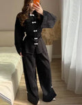 Lässiges chinesisches Hemd-Hosen-Set für Damen: Stehkragen, Langarm, Einreiher, lockere Hemden und Hosen, Streetwear-Outfit für Damen