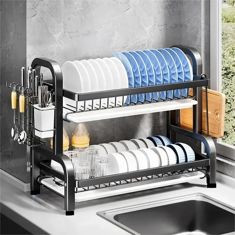 Abtropfgestell, 2-stöckig, kompakt, für die Küche, Abtropfgestell, Abtropfbrett-Set, großes, rostfreies Abtropfgestell mit Utensilienhalter