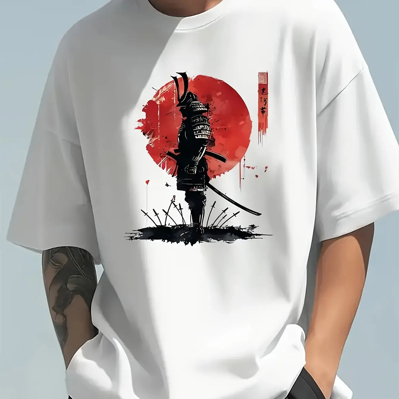 Herren-Sommer-T-Shirt aus 100 % Baumwolle, modisch, lässig, locker, japanisches Samurai-Muster, bedruckt, Rundhalsausschnitt, kurzärmelig