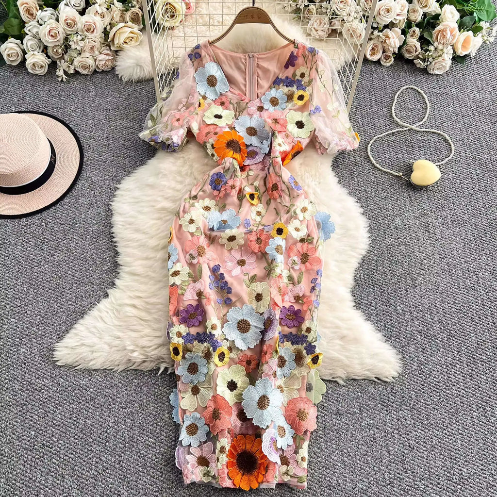 Sommer Luxus Midi Lange Kleider Party Elegante 3D Blume Stickerei Kurzarm Bleistift Tüll Prom Formale Kleid Frauen