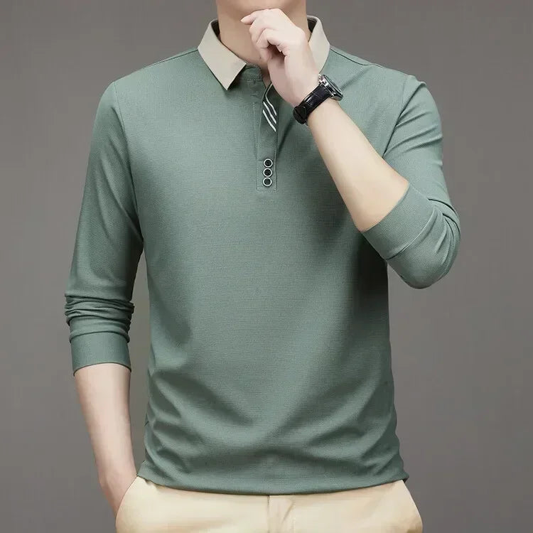 Herren Langarm Umlegekragen Waffel T-Shirt Business Casual Poloshirt T-Shirt