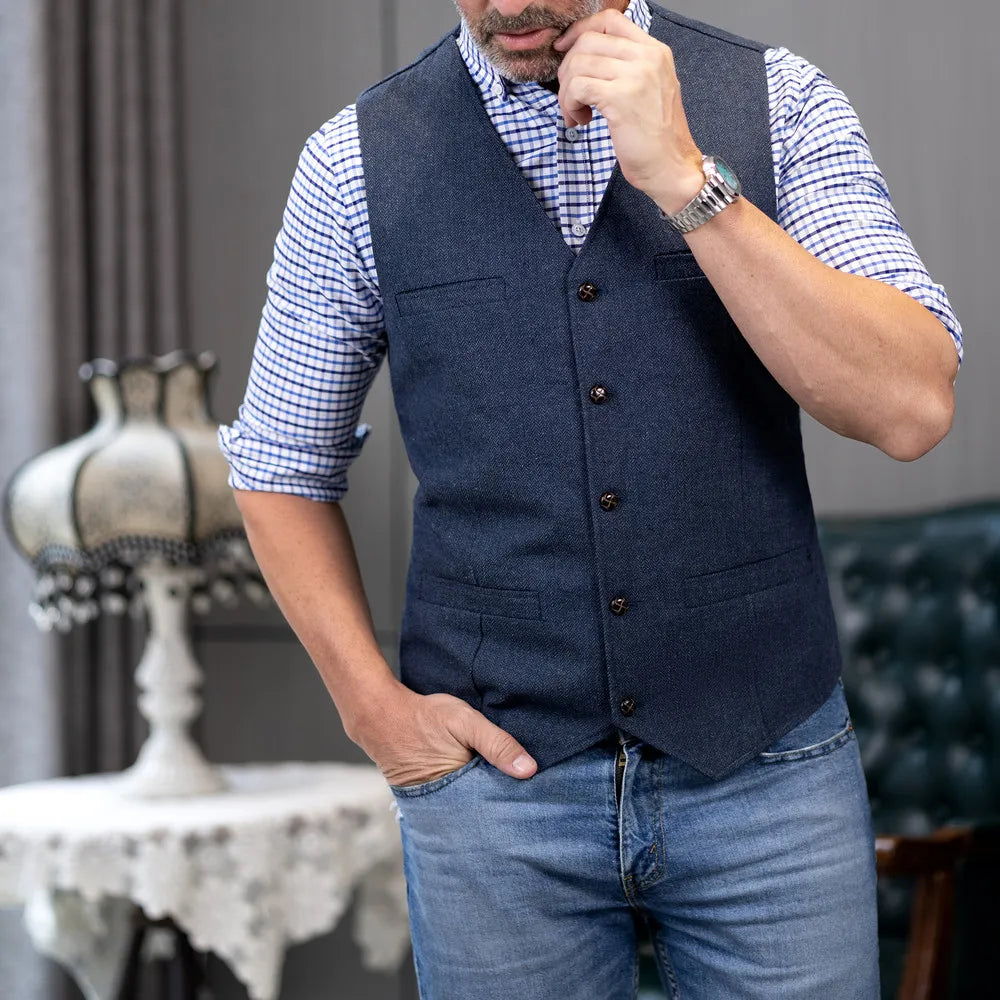 Herrenanzüge mit V-Ausschnitt, Weste, lässig, klassisch, formell, Business, Fischgrätenmuster, Tweed, schmale Passform, Weste für Hochzeit, Trauzeugen