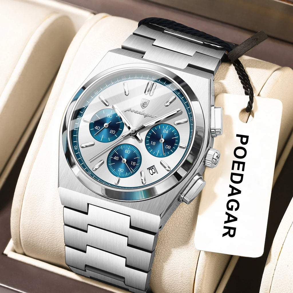 POEDAGAR Top Mode Mann Armbanduhr Chronograph Datum Edelstahl Business Männer Uhr Wasserdicht Leucht männer Quarz Uhren
