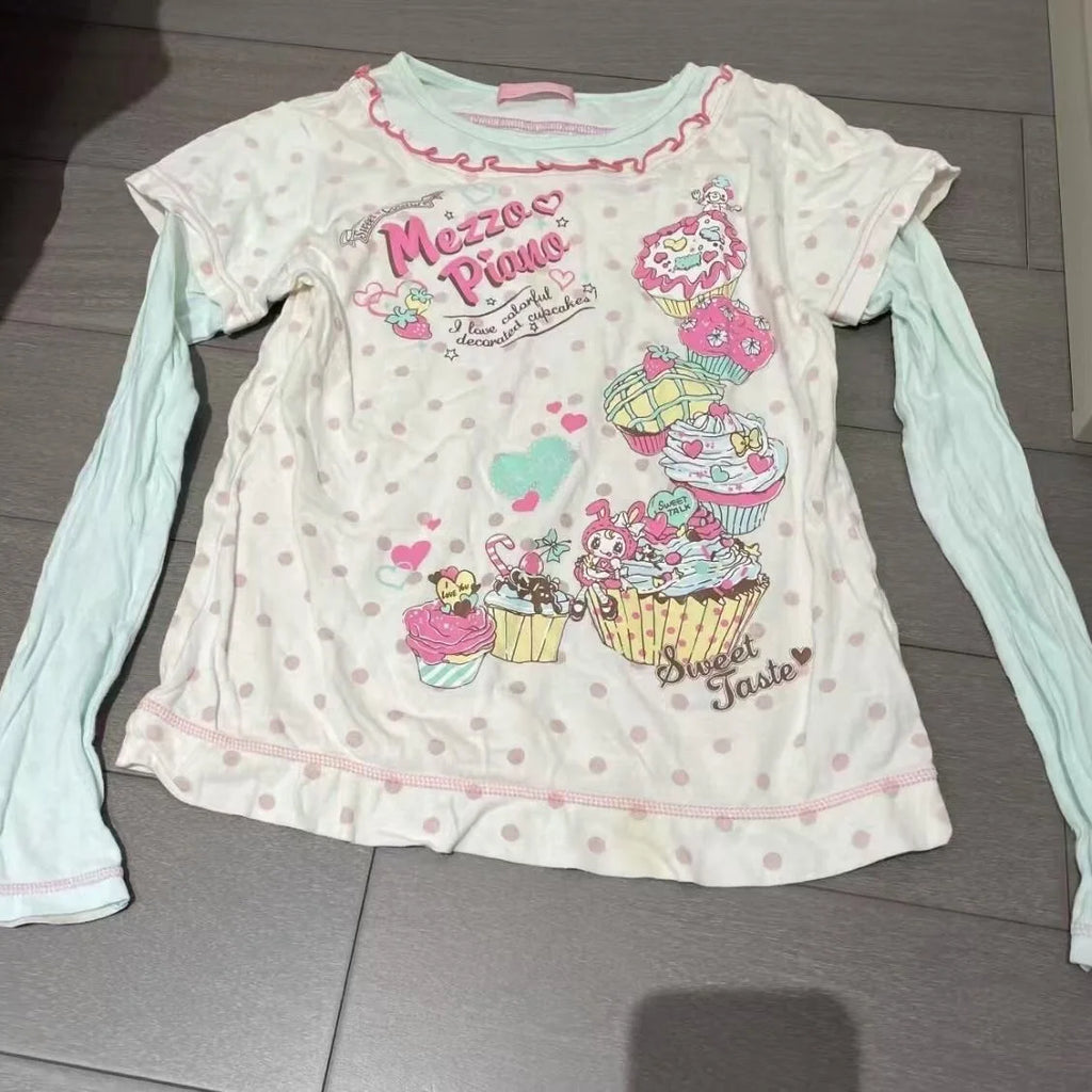 Japanische Kawaii Crop Tops Cartoon Print Harajuku Lolita Kurzarm T-shirts Frauen Y2k Ästhetische Dünne T Vintage Fee Grunge