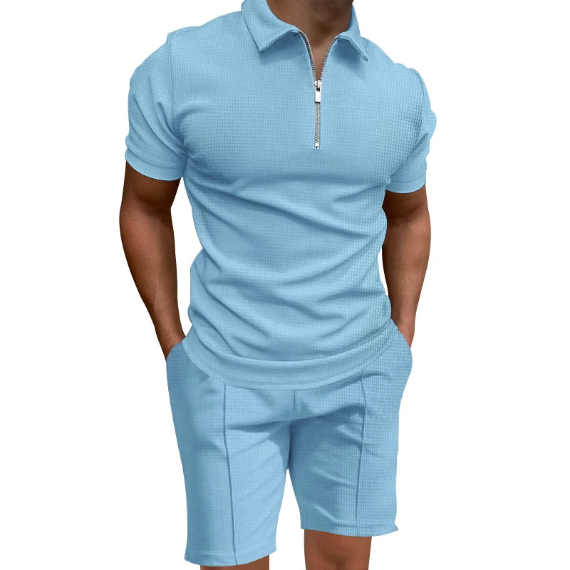 Grenzüberschreitendes  Sommer-Herren-Poloshirt-Set, einfarbig, Waffel, kurzärmelig, schmales Revers-T-Shirt, lässiges Herren-Set