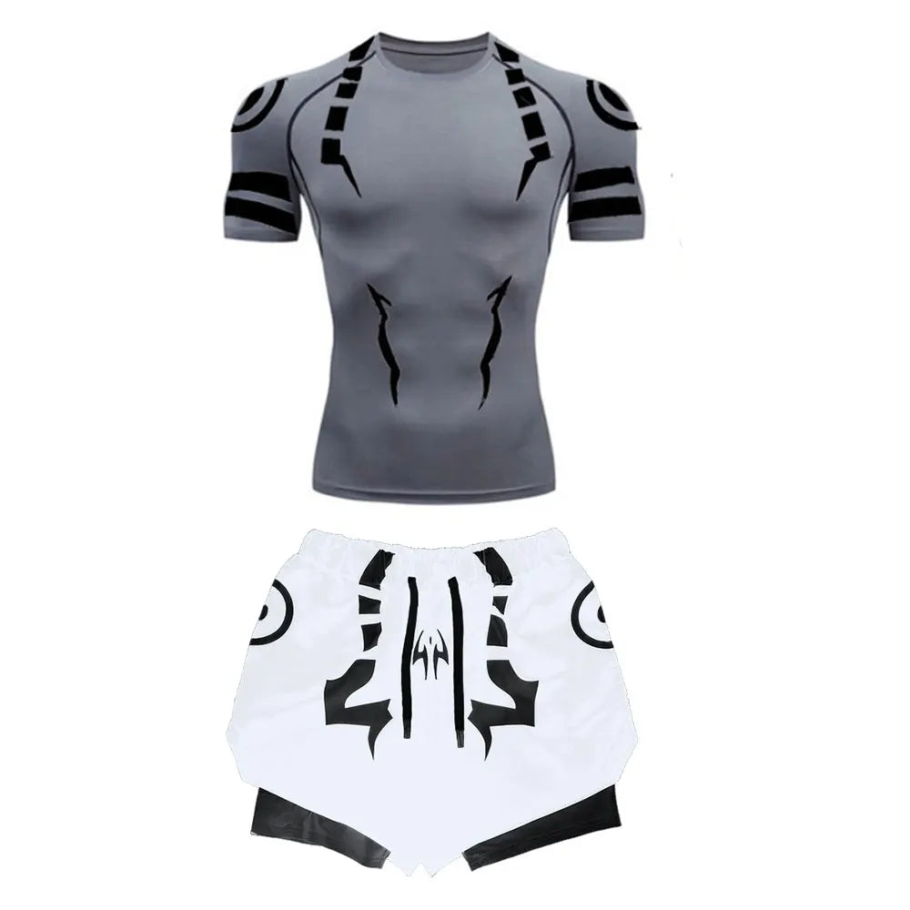 Anime Jujutsu Kaisen Kompressionsset Fitnessanzug für Herren, schnell trocknendes 3D-Kompressionsshirt + Fitnessstudio-Shorts, Lauf-Workout-Sportbekleidung