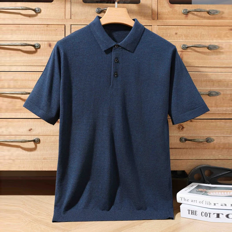 Sommer 100 % Merinowolle Herren Reverspullover Kurzarm POLO-Ausschnitt Pullover lockeres Top Business Casual Strick-T-Shirt