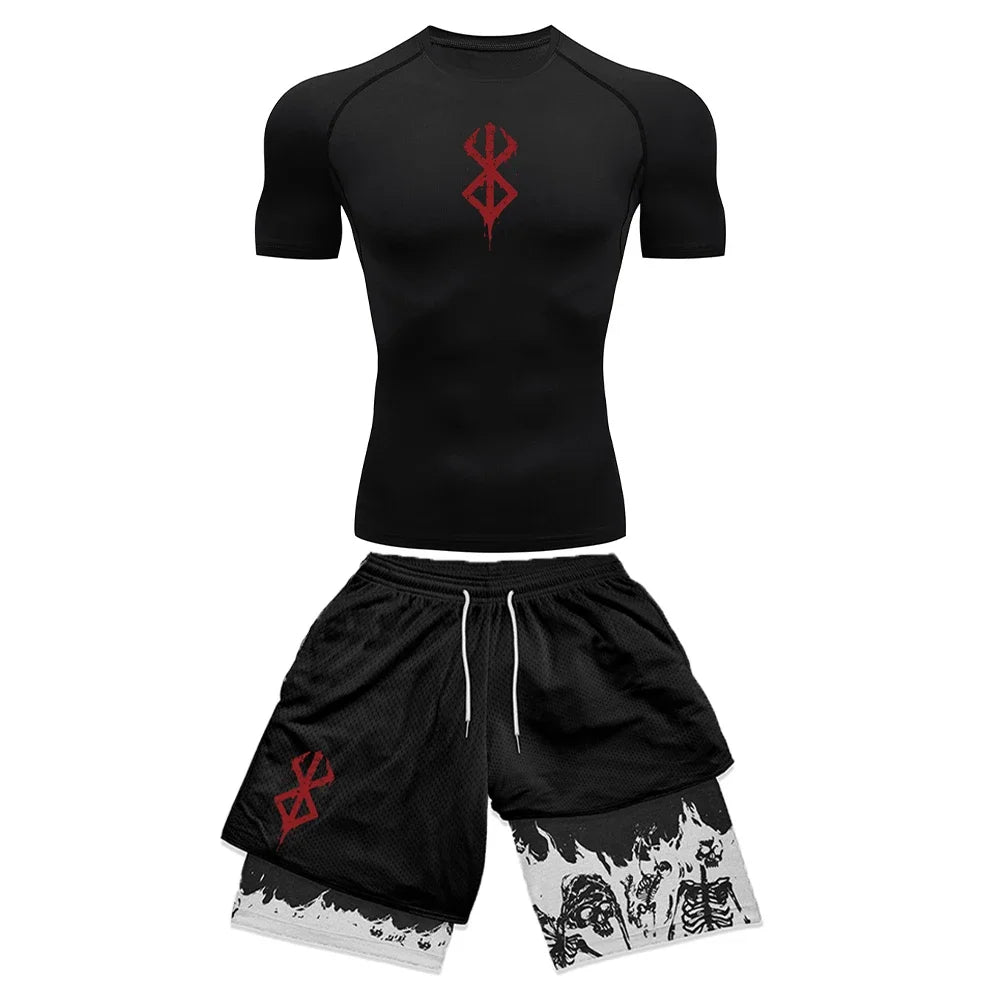 Anime 3D-gedrucktes Herren-Kompressionsset, kurzärmeliges Gym-Top + Workout-Shorts, schnell trocknend, atmungsaktiv, Leichtathletik-Rashguard-Set