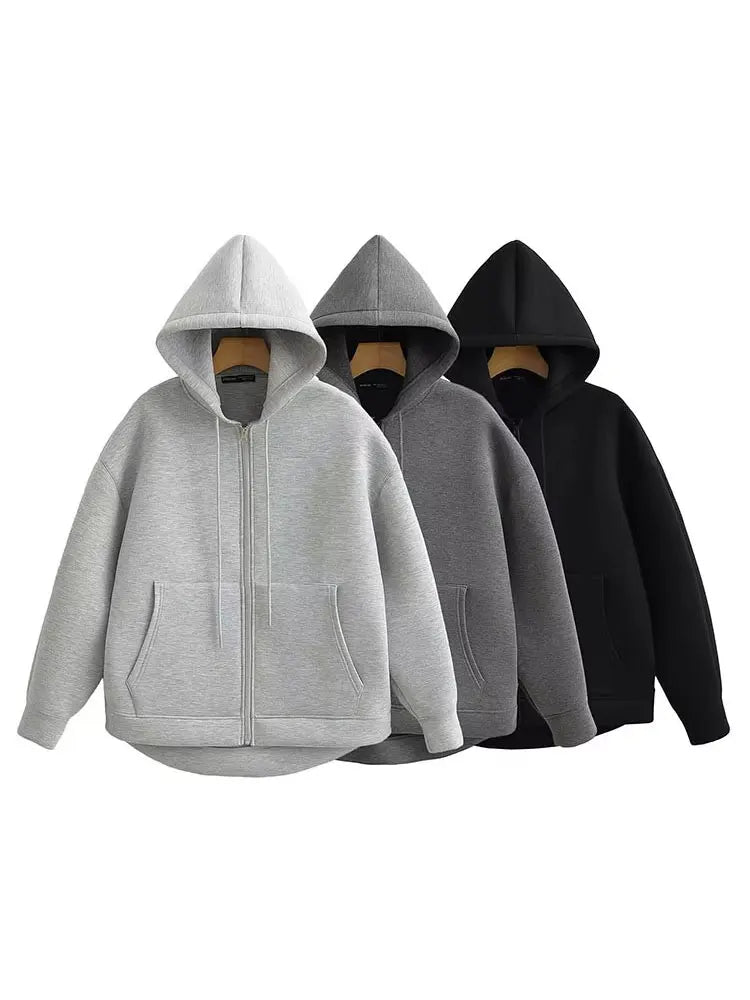 Herbst Frauen Grau Jacke Mit Kapuze Langarm Große Tasche Zipper Jacke Mantel Frau Lose Beiläufige Oberbekleidung Mantel Tops