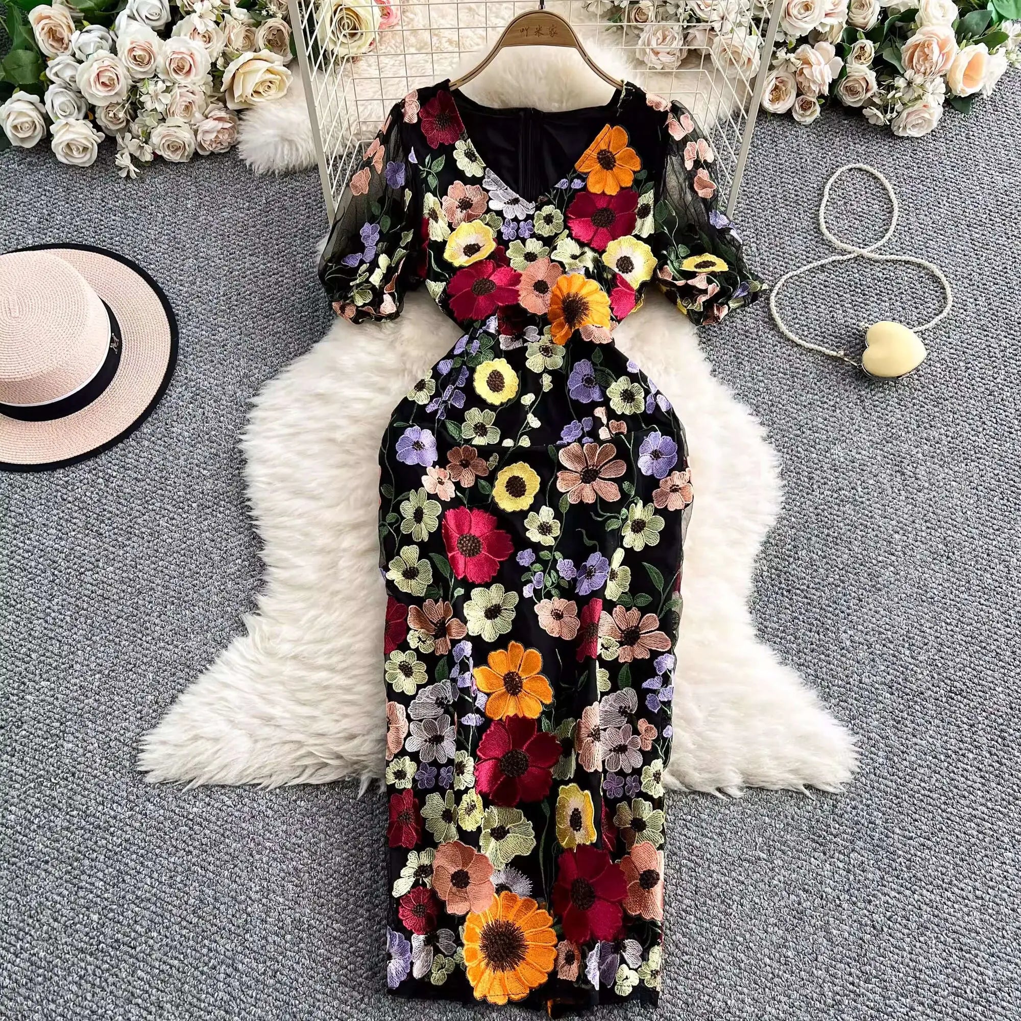 Sommer Luxus Midi Lange Kleider Party Elegante 3D Blume Stickerei Kurzarm Bleistift Tüll Prom Formale Kleid Frauen