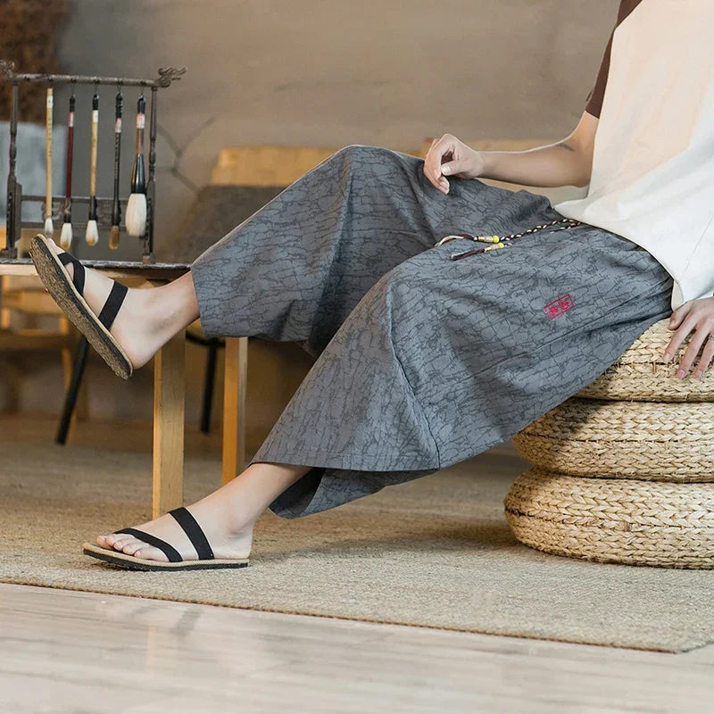 Japanischer Kimono, traditionelle Shorts, asiatische Kleidungshose für Herren, japanische Samurai, lässige, lockere Yukata-Leinen-Hose mit weitem Bein für Herren