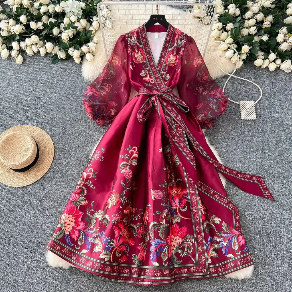 Jamerary Sommer Bohemian Blumen Midi Kleider Frauen kurze Puff Ärmel Kreuz V-Ausschnitt Blumen druck Bandage Schnür Robe lange Vestido