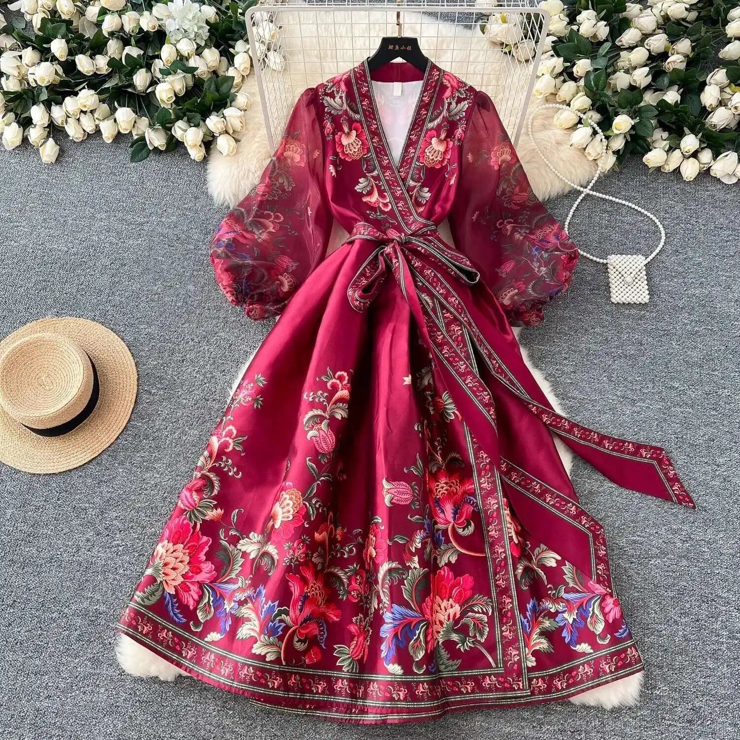 Jamerary Sommer Bohemian Blumen Midi Kleider Frauen kurze Puff Ärmel Kreuz V-Ausschnitt Blumen druck Bandage Schnür Robe lange Vestido