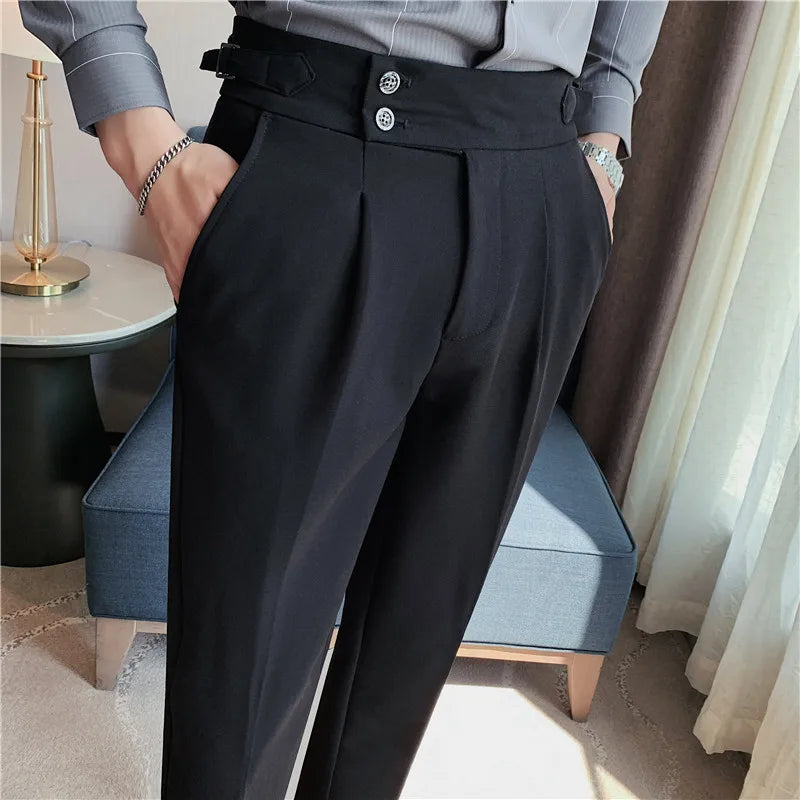 2026 Frühling Herbst Männer Hohe Taille Gürtel Design Beiläufige Dünne Formale Kleid Hose Männer Sozialen Büro Hochzeit Party Kleid Anzug Hosen