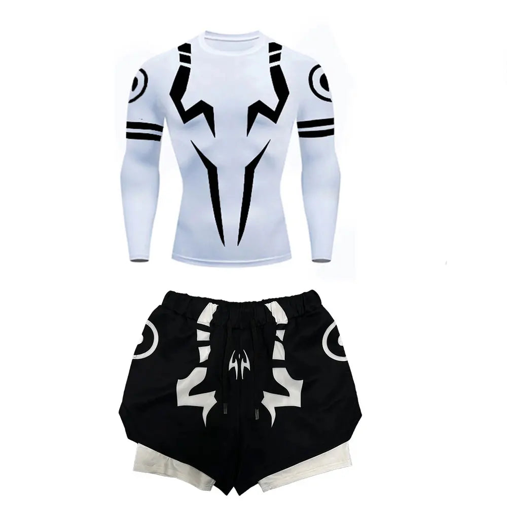 Anime Jujutsu Kaisen Kompressionsset Fitnessanzug für Herren, schnell trocknendes 3D-Kompressionsshirt + Fitnessstudio-Shorts, Lauf-Workout-Sportbekleidung