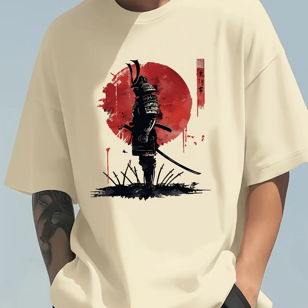 Herren-Sommer-T-Shirt aus 100 % Baumwolle, modisch, lässig, locker, japanisches Samurai-Muster, bedruckt, Rundhalsausschnitt, kurzärmelig
