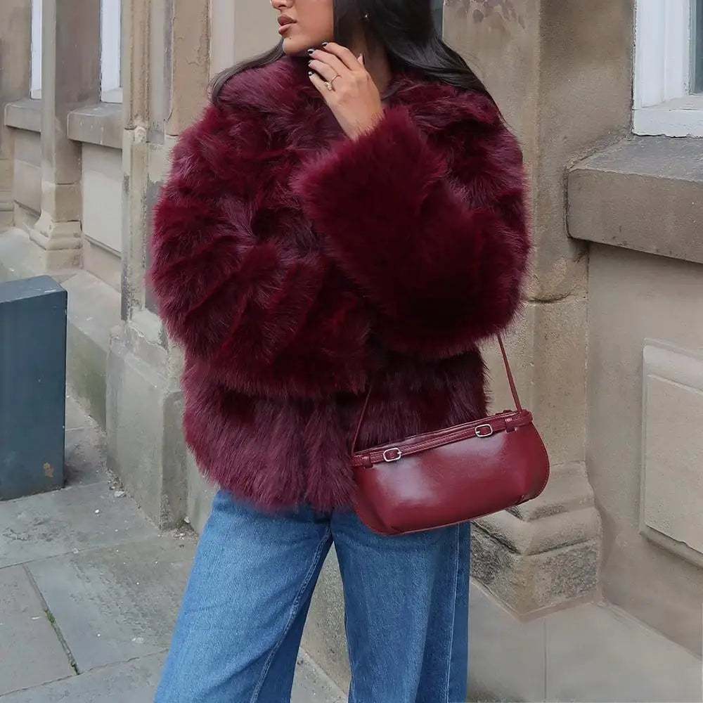 KONDALA Casual Braun Dickes Fell Jacken Frauen Langarm V-ausschnitt Herbst Winter Faux Pelz Mäntel Mode 2025, Streetwear Outwears
