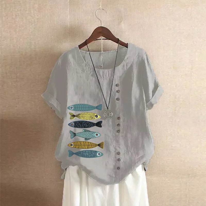 Angebot Frauen Baumwolle Leinen Bluse Shirts Sommer Oansatz Kurzarm Vintage Floral Print Lose Tops WYLP-AL 620409060860