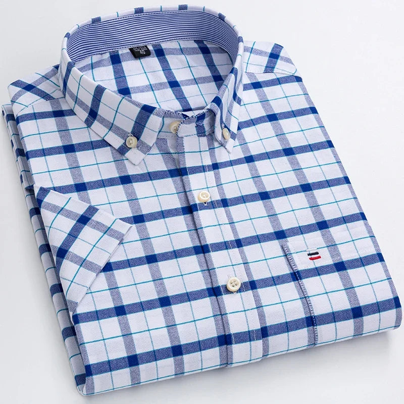 100% Baumwolle Atmungsaktiv Männer Oxford Kurzarm Sommer Plaid Shirts Gestreiften Männliche Kleidung Business Regular Fit Übergroßen